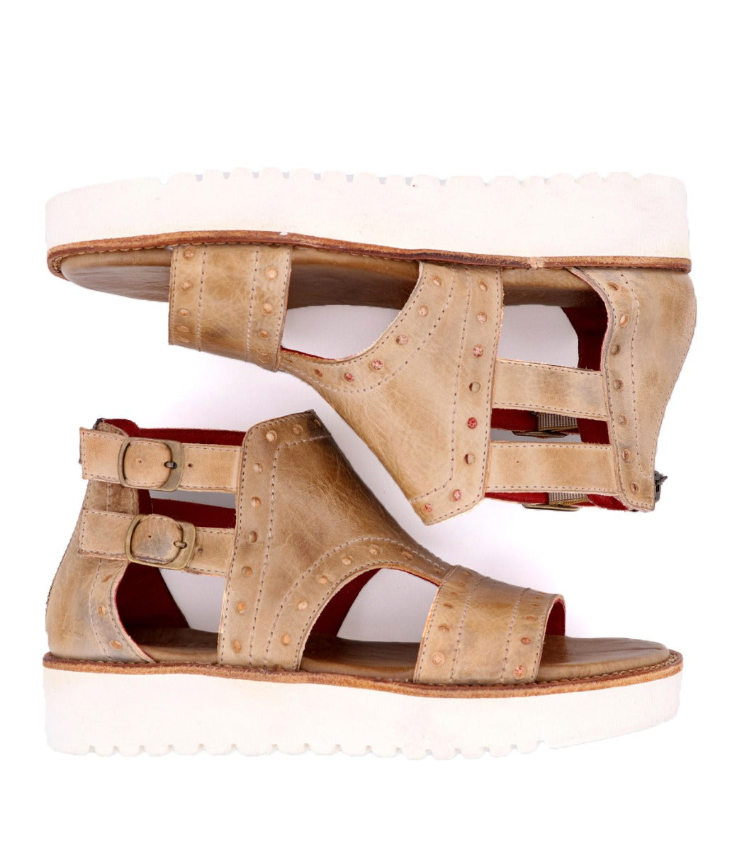A pair of Bed Stu Camden women's sandals in tan leather.