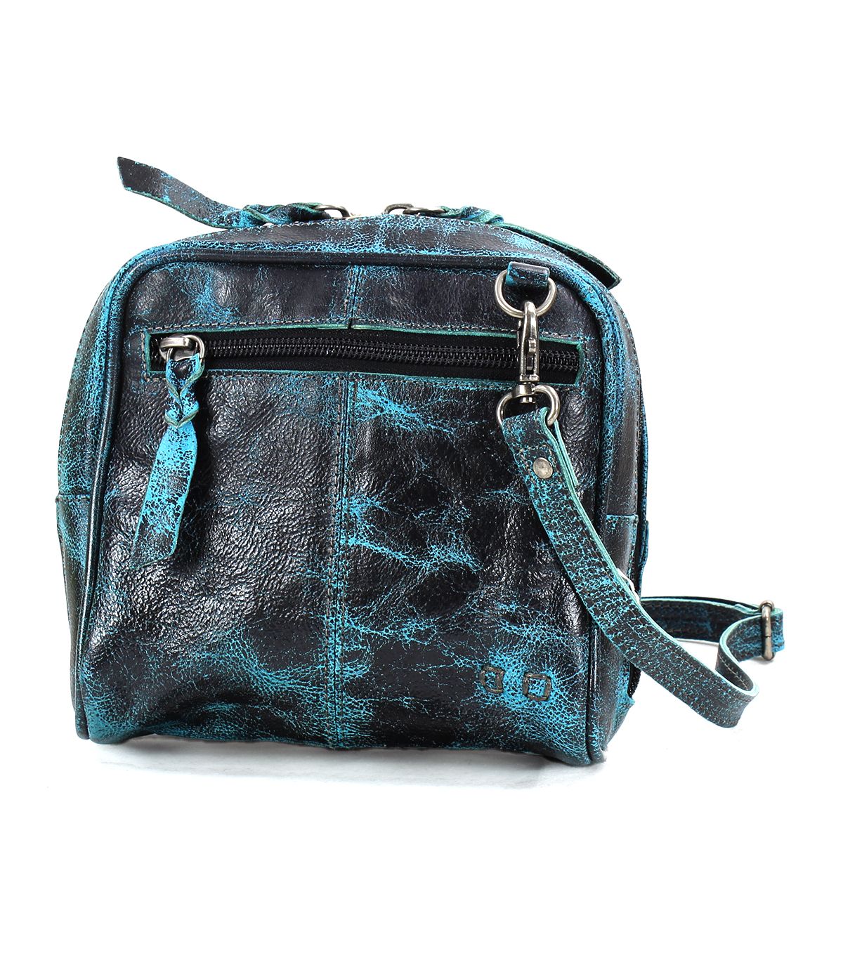 The Capture by Bed Stu is a small, textured black leather crossbody bag with blue accents. It features a front zipper pocket and an adjustable strap, showcasing artisan-made finishes for a touch of unique craftsmanship.