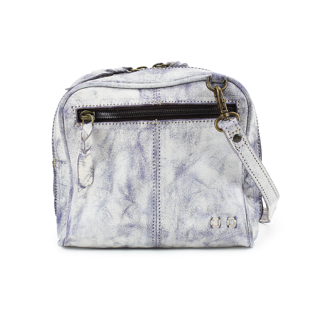 The Capture by Bed Stu is a compact pale blue leather handbag featuring artisan-made finishes, a textured surface, zipper pocket, and strap detail.