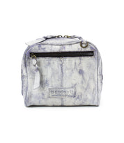 The Capture by Bed Stu is a small, light gray bag made from eco-friendly distressed leather. It features a top zipper, front pocket zipper, short handle, and an artisan-made logo patch for a weathered look.
