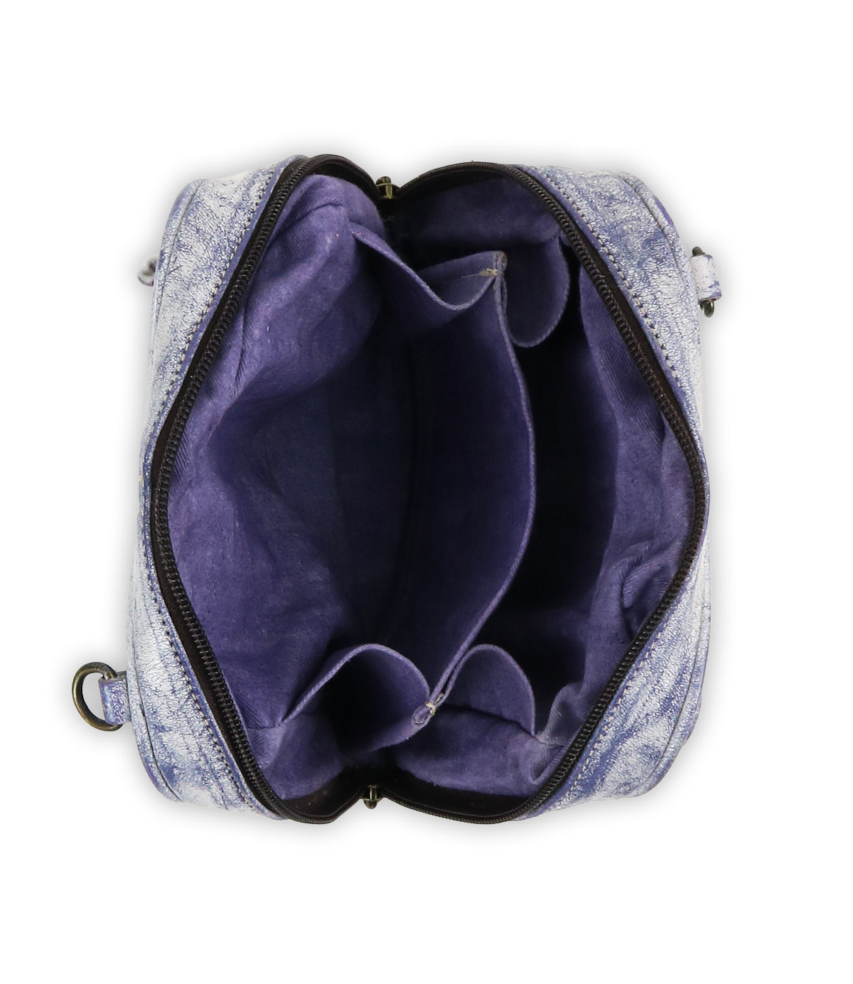 The Capture light blue handbag by Bed Stu is crafted from eco-friendly leather, featuring dark fabric lining and multiple interior compartments.
