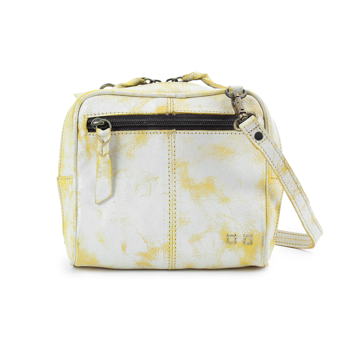 Compact and chic, the Capture handbag by Bed Stu features a yellow and white pattern with a front zipper pocket and side strap, beautifully enhanced by artisan-made finishes.