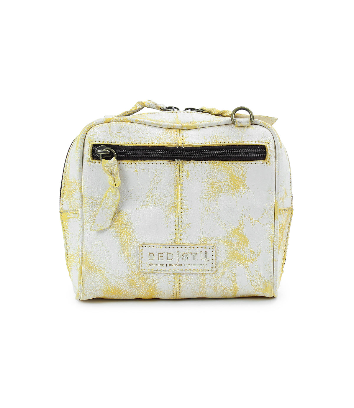 The Capture is a cream and yellow marbled leather bag by Bed Stu, featuring a front zipper pocket, top handle, artisan-made finishes, and an eco-friendly leather design. The brand logo "BED|STÜ" is prominently displayed on the front.