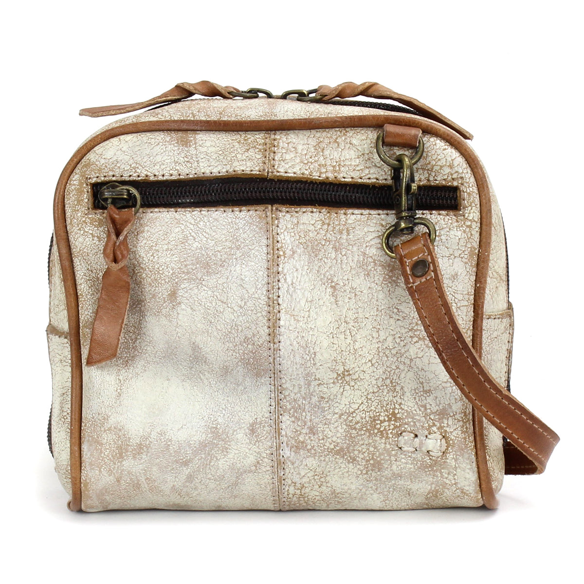 A Capture by Bed Stu handcrafted leather cross body bag in white and tan.