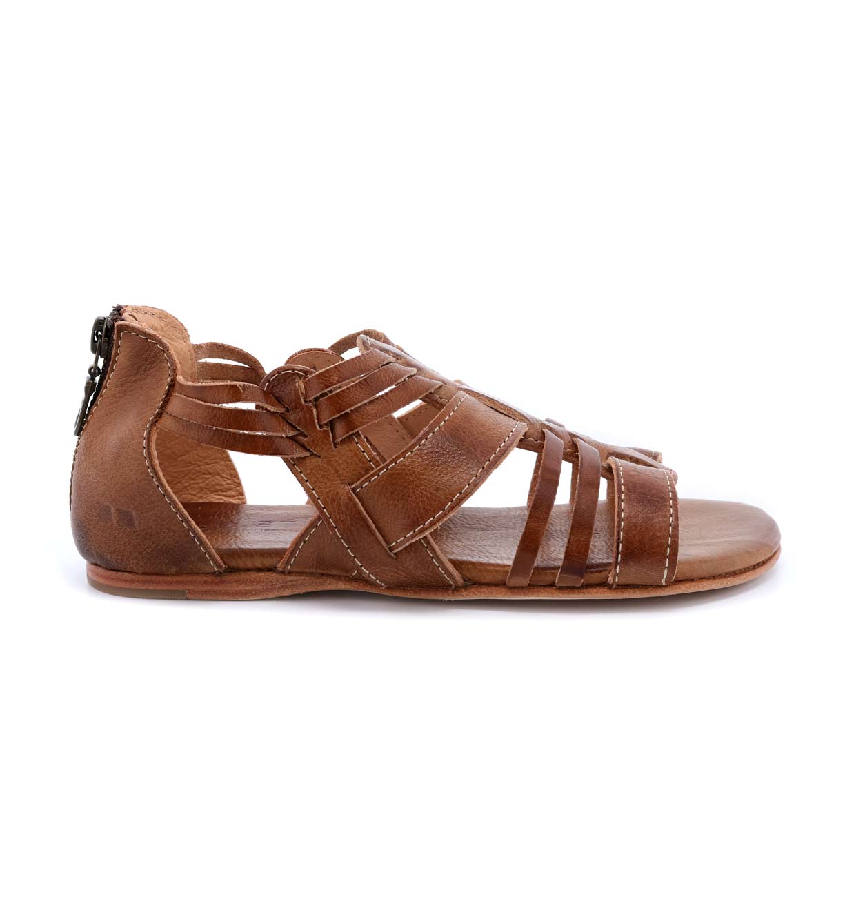 A women's tan leather sandal with straps called Cara by Bed Stu.