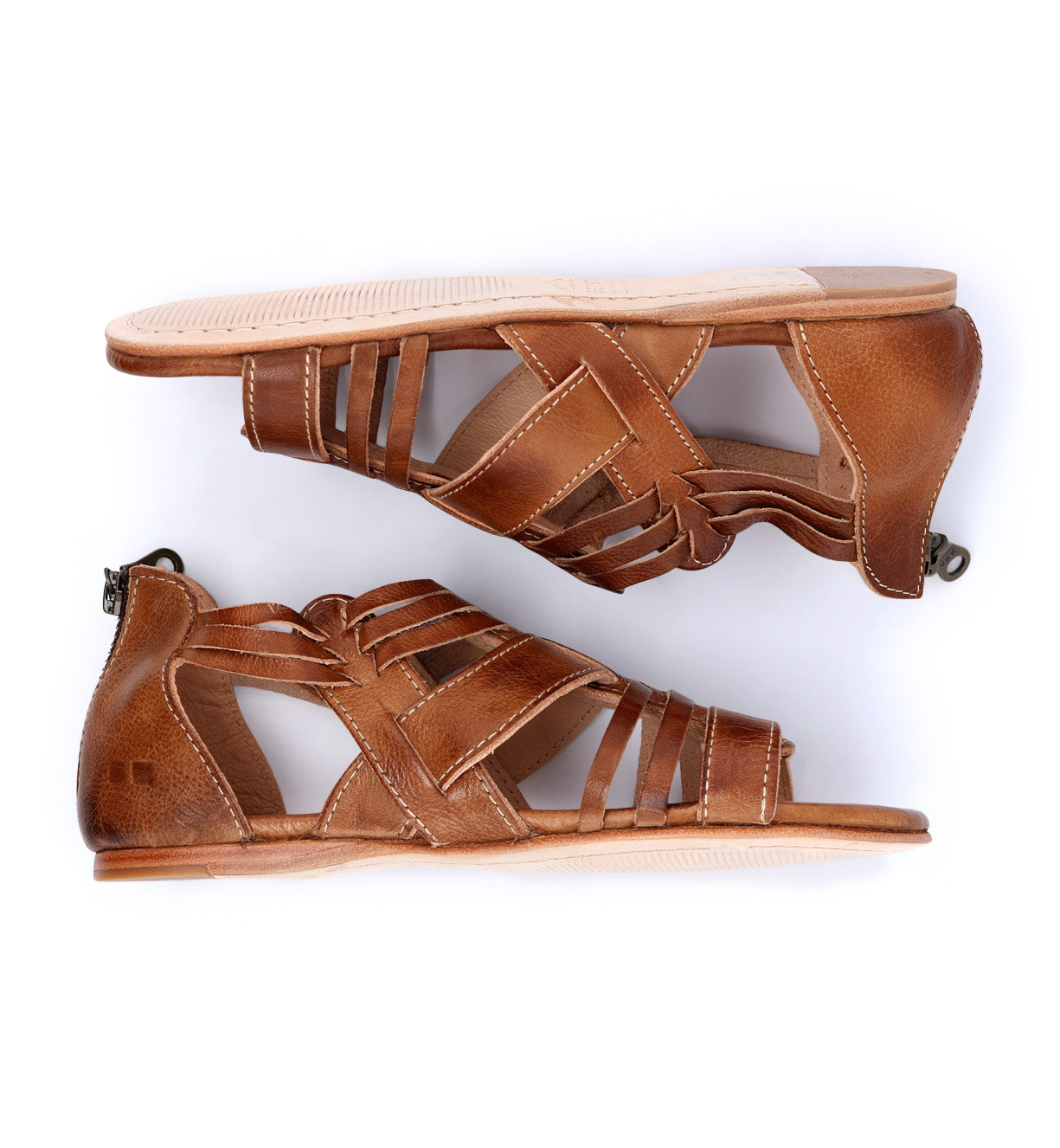 A pair of brown Bed Stu Cara sandals with straps.