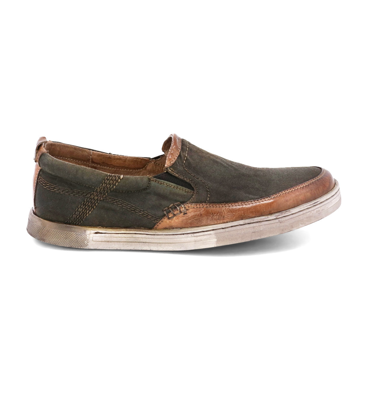 A men's slip on Carp shoe in green and brown by Bed Stu.