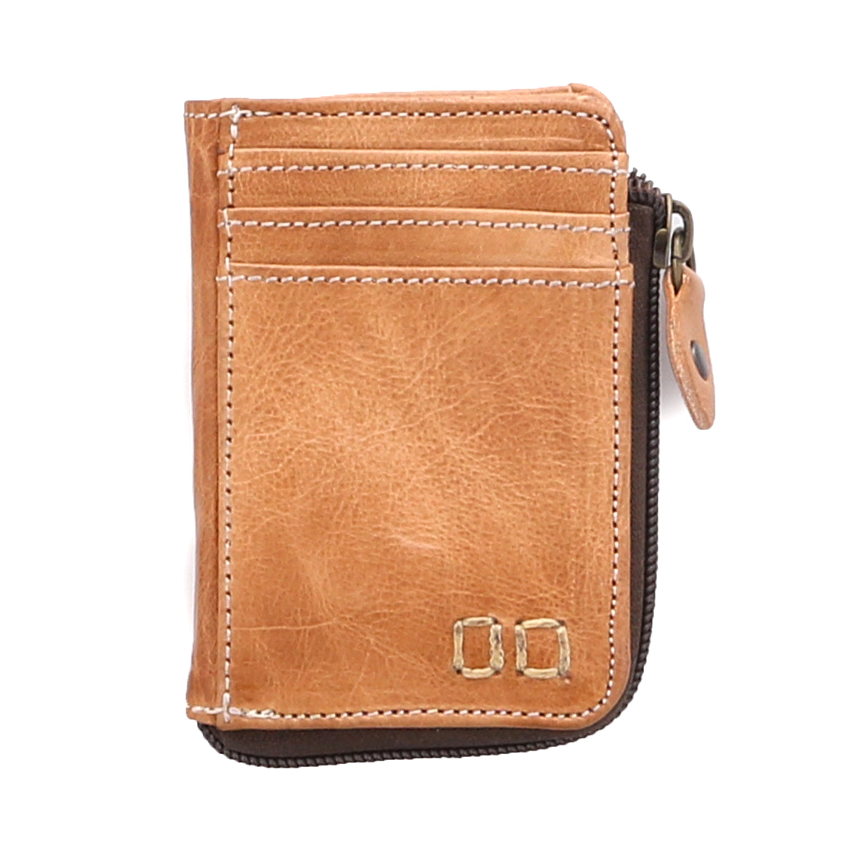 A compact Carrie tan leather wallet with a zipper, perfect for carrying your essentials. This product is from the brand Bed Stu.