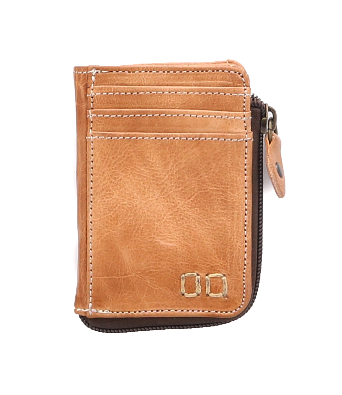 A compact Carrie tan leather wallet with a zipper, perfect for carrying your essentials. This product is from the brand Bed Stu.