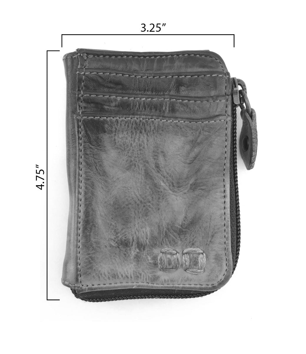 A Bed Stu "Carrie" black leather wallet with a zipper and measurements.