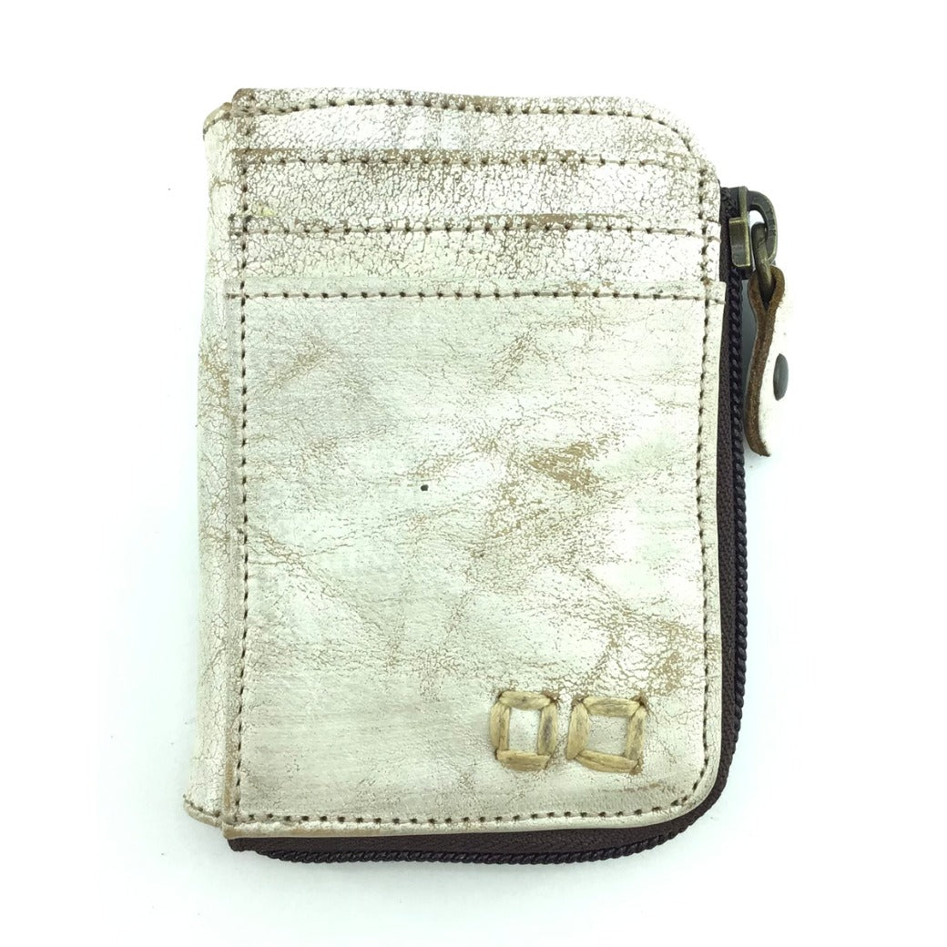 A Bed Stu Carrie white leather wallet with a logo on it.