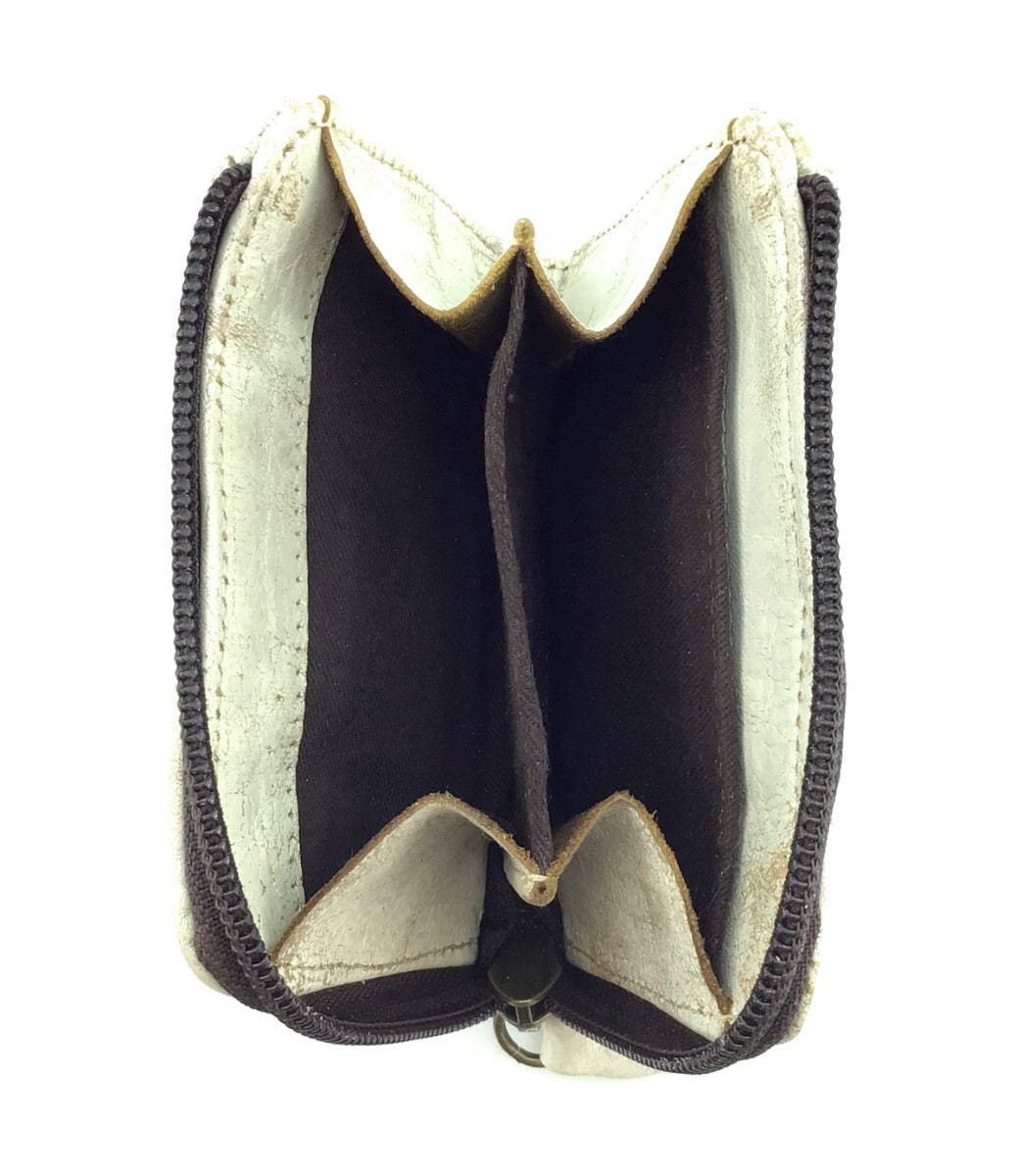 A Bed Stu Carrie wallet with two compartments and a zipper.