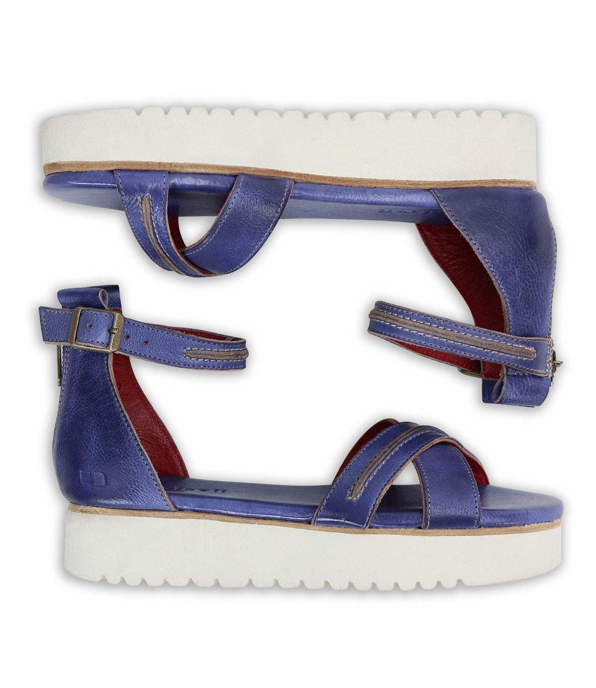 A pair of Bed Stu Carroll platform sandals with red soles.