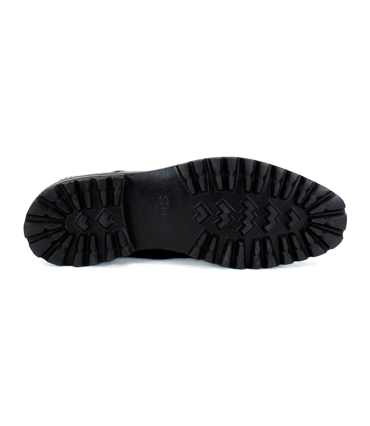 The image features the underside of the Carter shoe by Bed Stu, showcasing a rugged, textured sole designed for optimal traction and built with Goodyear welt construction for enhanced durability.