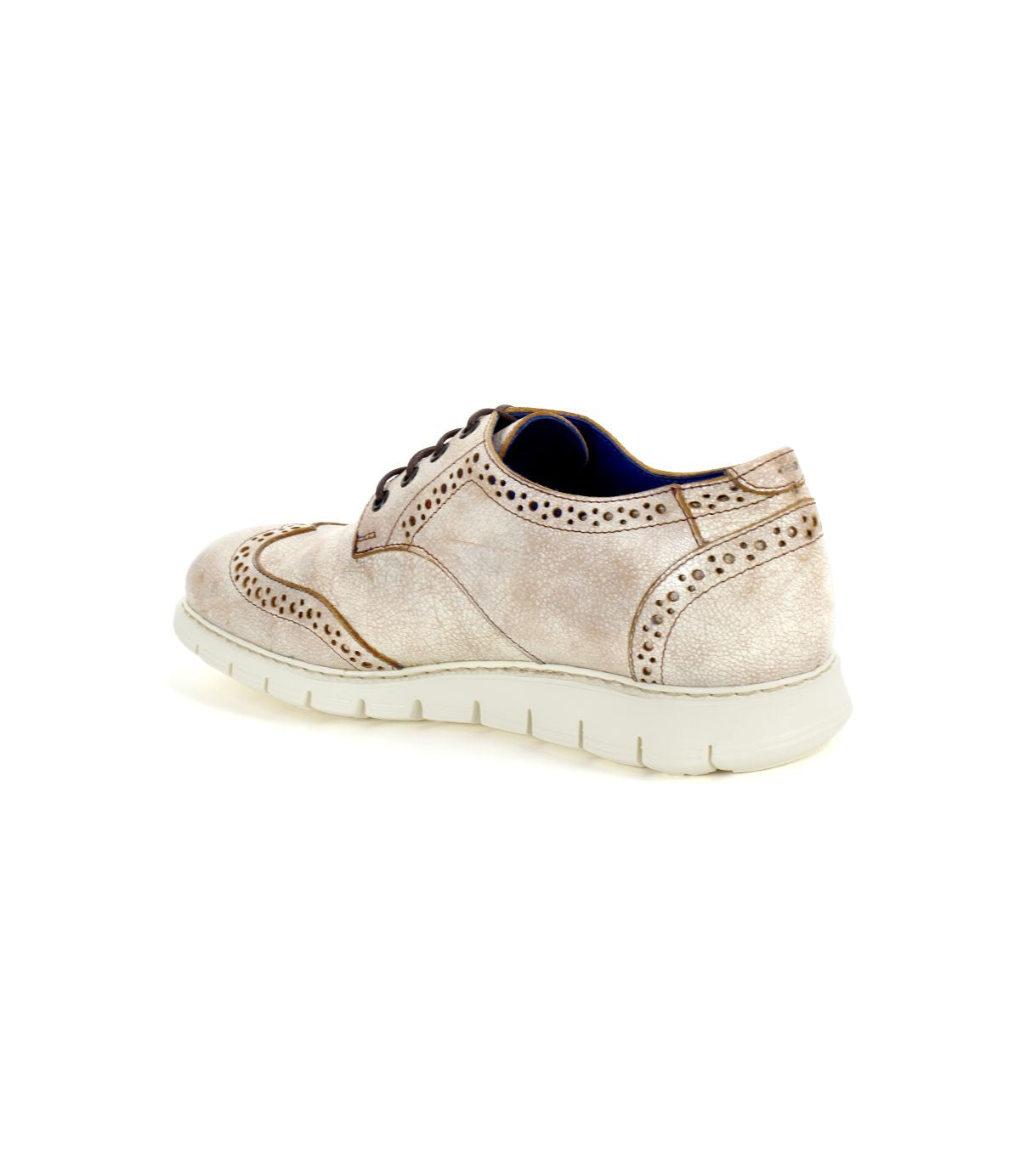 A single light brown Cayuga II brogue shoe by Bed Stu, featuring stylish brogue details and a white rubber sole, viewed from the side and slightly behind, isolated on a white background.