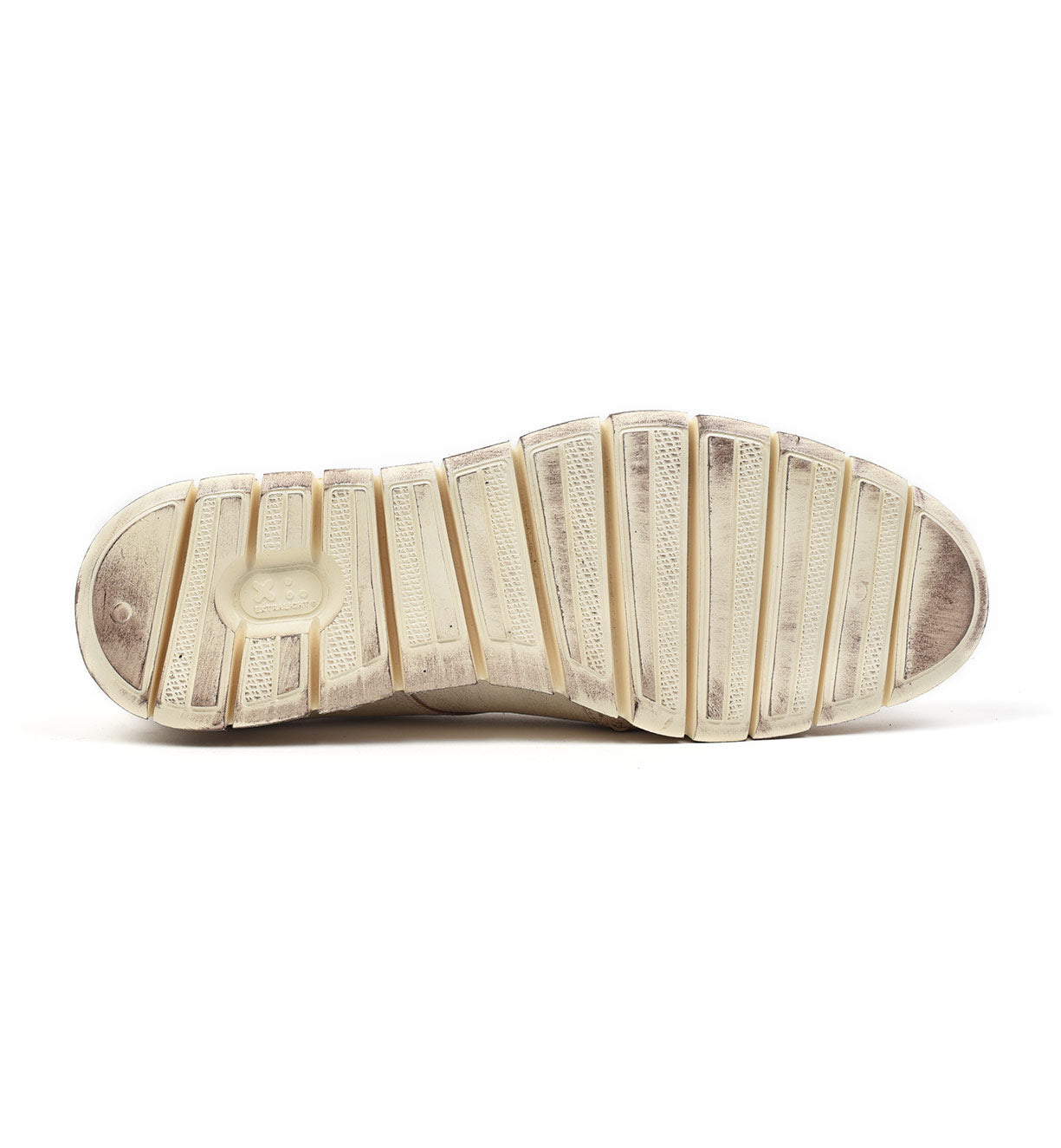 Sole of a well-worn Bed Stu Cayuga II leather running shoe on a white background.