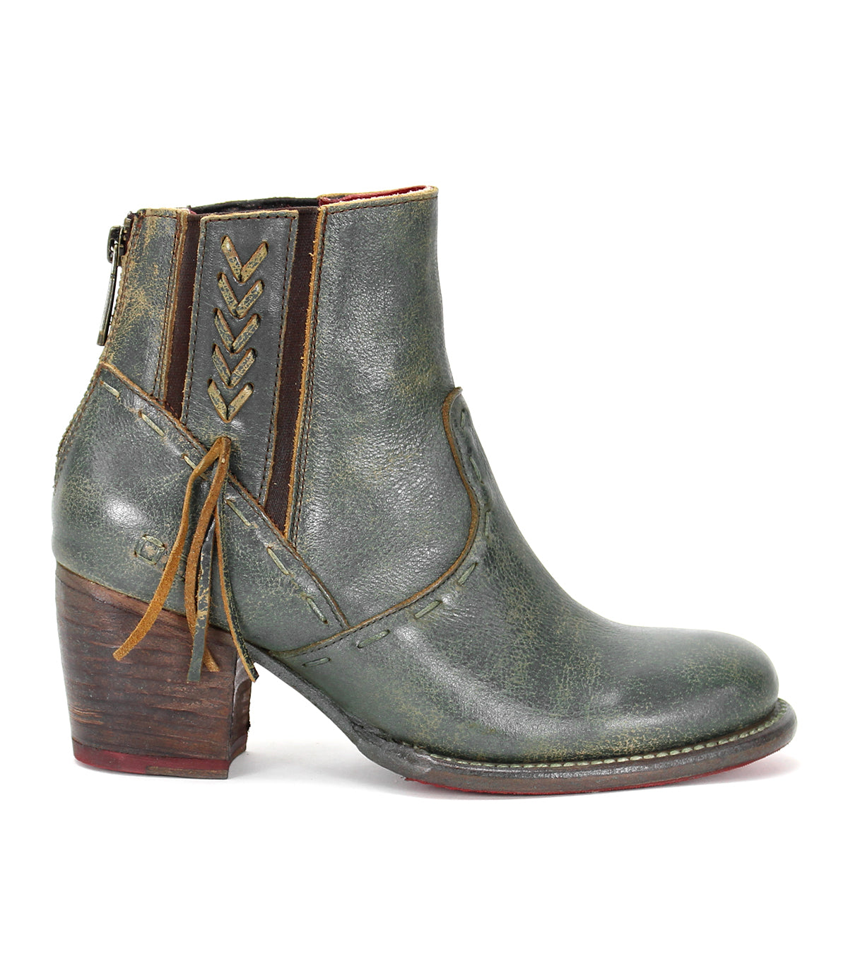 A women's Celestine green leather ankle boot with tassels by Bed Stu.