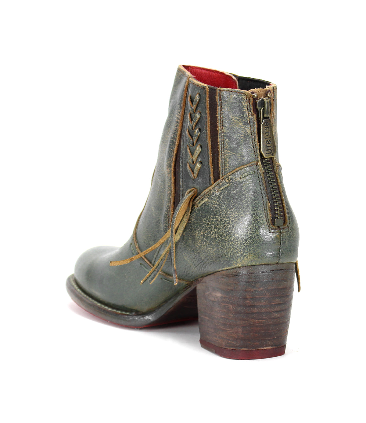 A women's green leather ankle boot with a zipper, called the Celestine by Bed Stu.