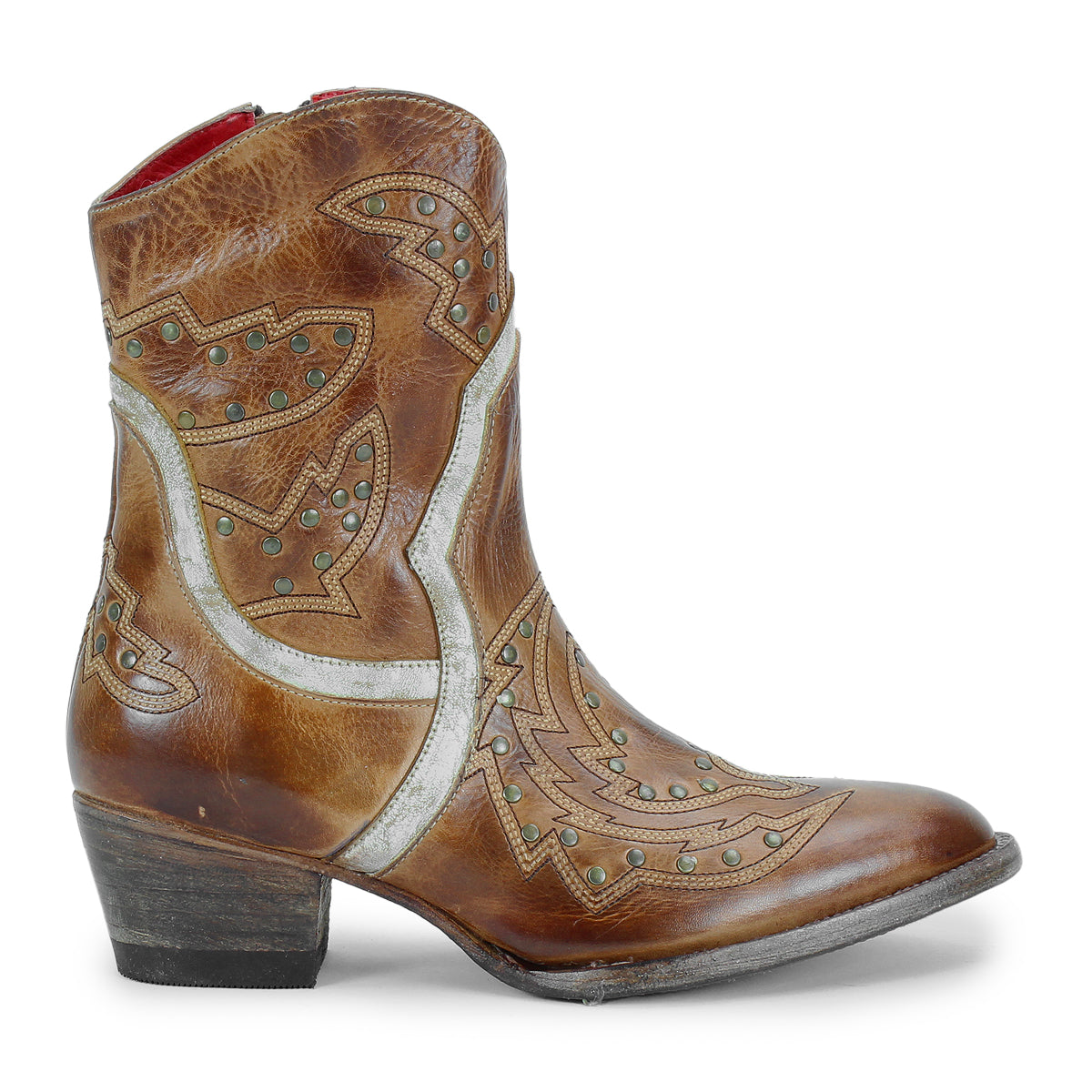 The Bed Stu Chamise is a brown leather western boot featuring decorative stitching, metal studs, and a low heel, shown in profile on a white background.