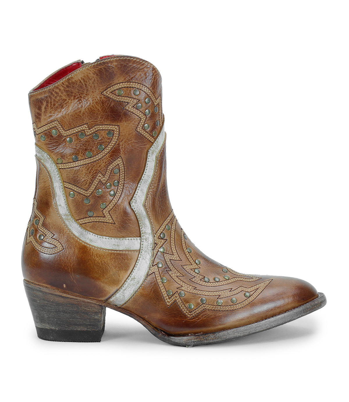 The Bed Stu Chamise is a brown leather western boot featuring decorative stitching, metal studs, and a low heel, shown in profile on a white background.