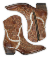 The Bed Stu Chamise boots feature brown leather, decorative stitching, metal studs, and a side zipper, displayed from the side and bottom.