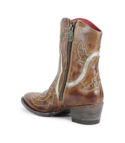 The Bed Stu Chamise is a brown leather western boot with decorative stitching, a side zipper, low heel, and slightly pointed toe.