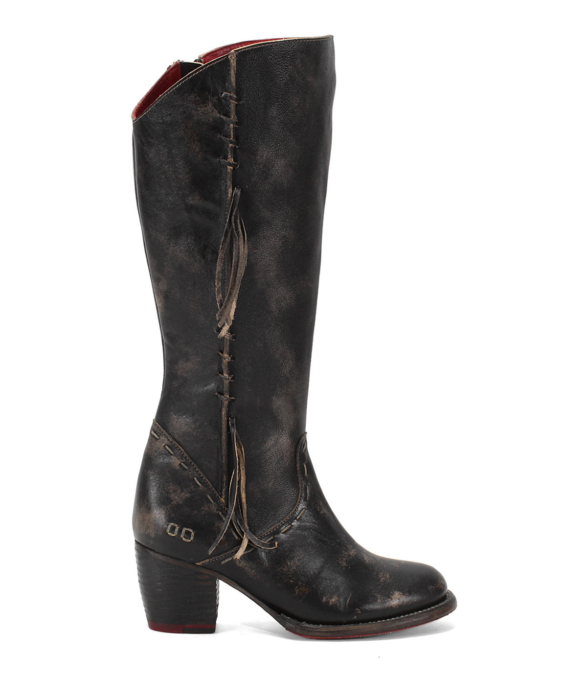 A women's distressed black tall Charis boot with a red sole from Bed Stu.