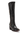 A women's distressed black tall Charis boot with a red sole from Bed Stu.