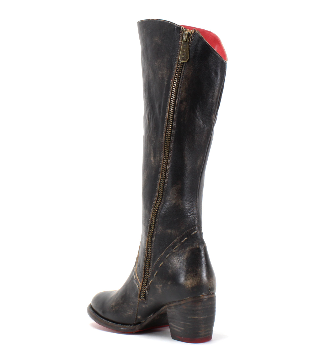 A women's distressed black tall Charis boot with a red sole from Bed Stu.