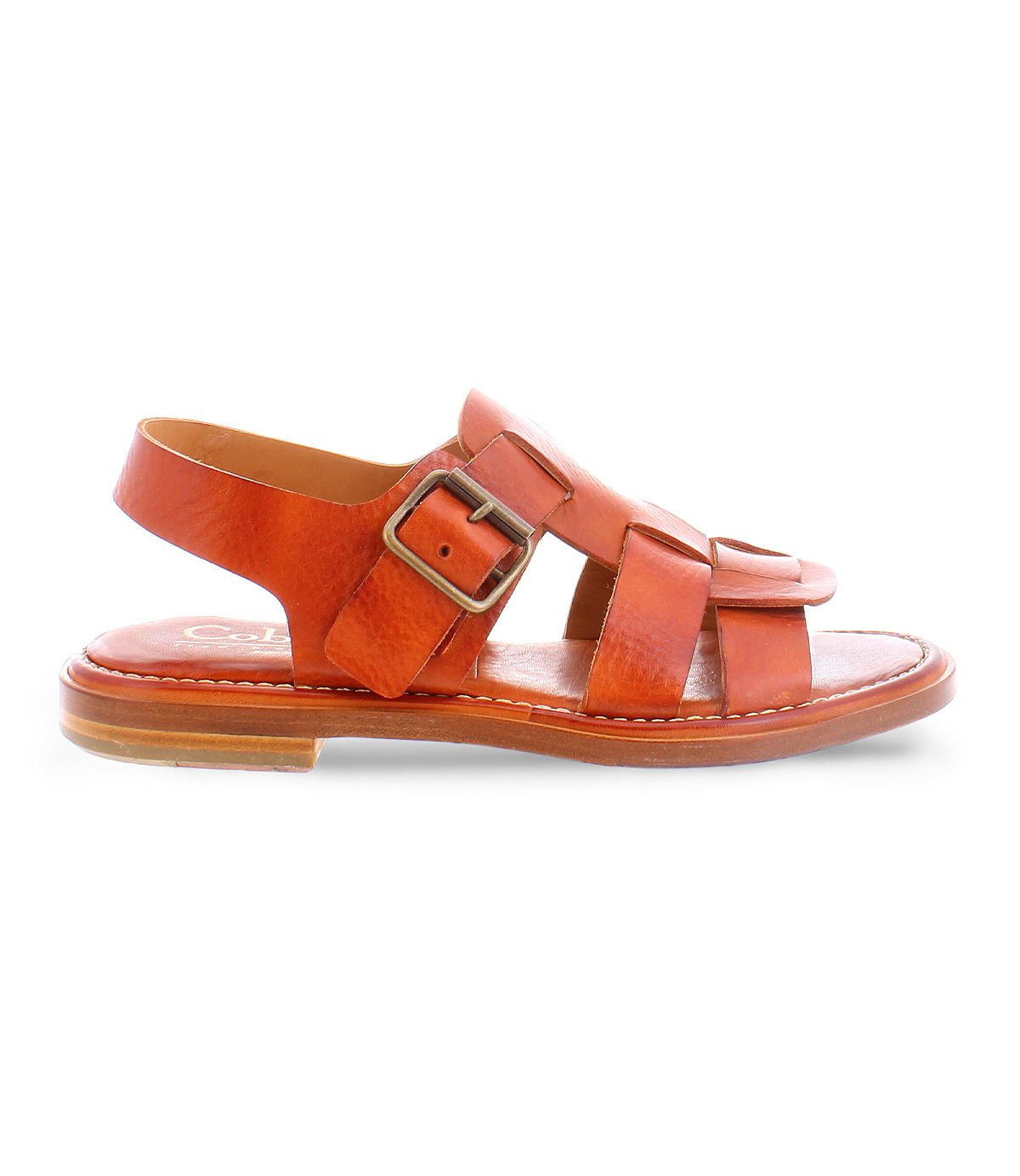 A brown fisherman Italian leather sandal with a gold buckle product shot.