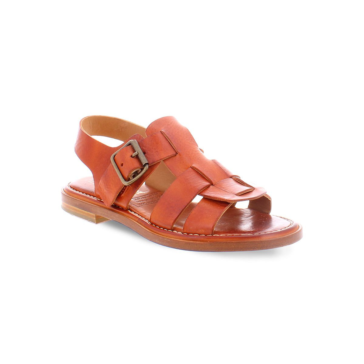 A brown fisherman Italian leather sandal with a gold buckle product shot.