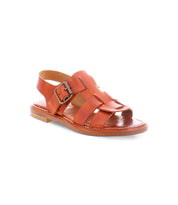 A brown fisherman Italian leather sandal with a gold buckle product shot.