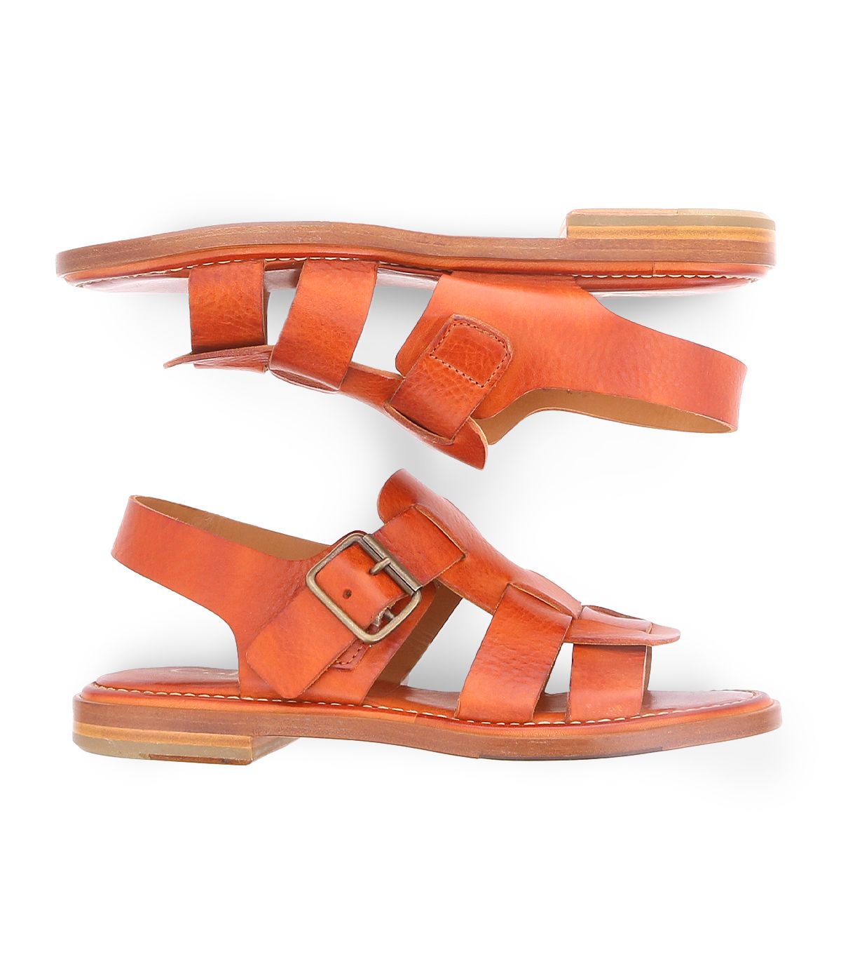 A brown fisherman Italian leather sandal with a gold buckle product shot.