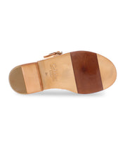 Bottom view of a tan dress shoe featuring a wooden heel, showcasing a woven leather design, labeled "Charka" by Bed Stu with a size marking of 36.