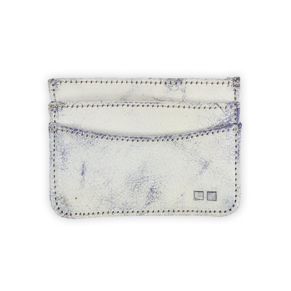 The Bed Stu Chuck is a compact, light-colored leather cardholder featuring visible stitching, multiple card slots, and a small square logo in the lower right corner.