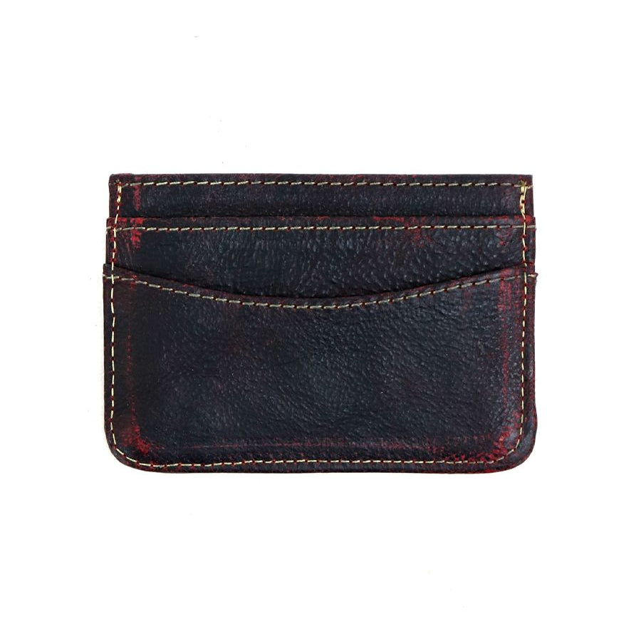 The Chuck by Bed Stu is a compact black leather card wallet with a textured surface and visible stitching, featuring two convenient slots for holding cards.