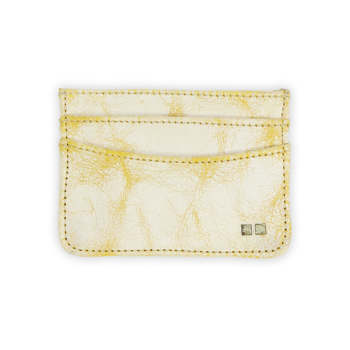 The Chuck by Bed Stu is a compact cardholder with a cracked gold finish, featuring two card slots and two metallic square embellishments in the lower right corner.