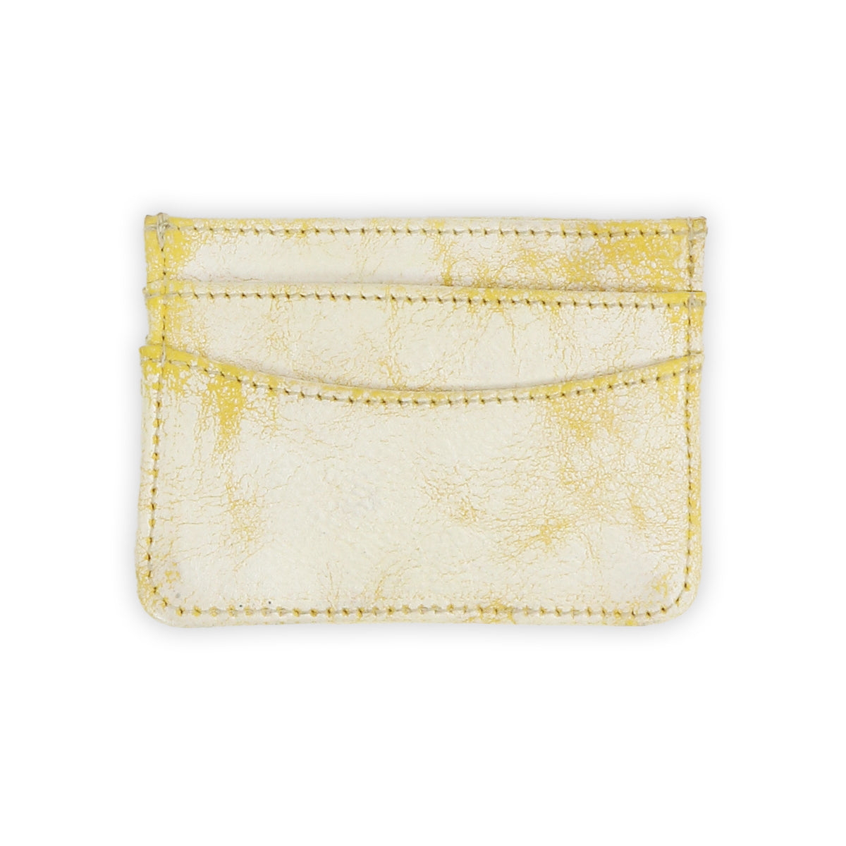 Bed Stu's Chuck cardholder, made of yellow marbled leather with visible stitching, is compact and convenient. It features two card slots and is shown against a white background.