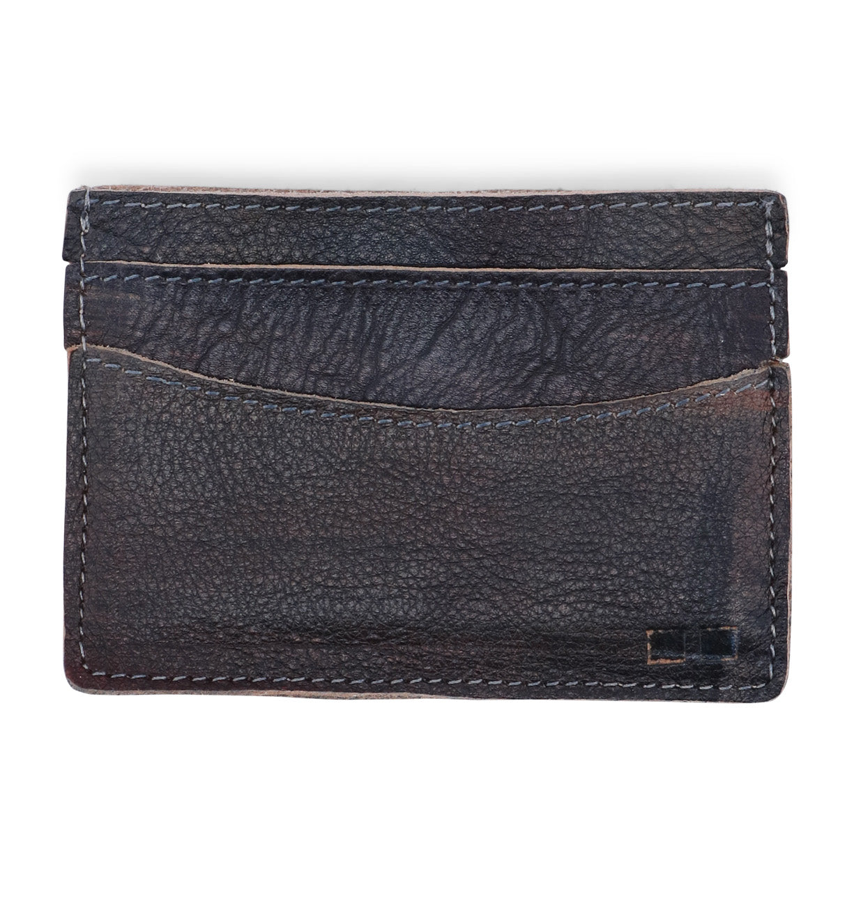 A Chuck card holder by Bed Stu, made of black leather, on a white background.