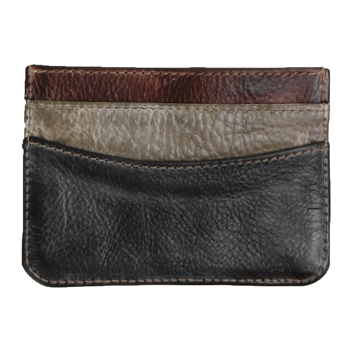The Chuck card holder by Bed Stu is a compact tri-colored leather accessory with black, gray, and brown compartments and visible stitching for added style.