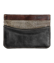 The Chuck card holder by Bed Stu is a compact tri-colored leather accessory with black, gray, and brown compartments and visible stitching for added style.
