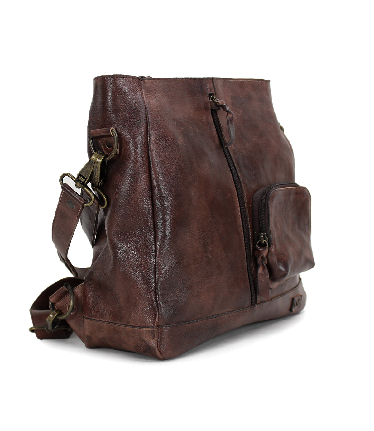 A brown leather Cirdan bag with a zippered compartment by Bed Stu.