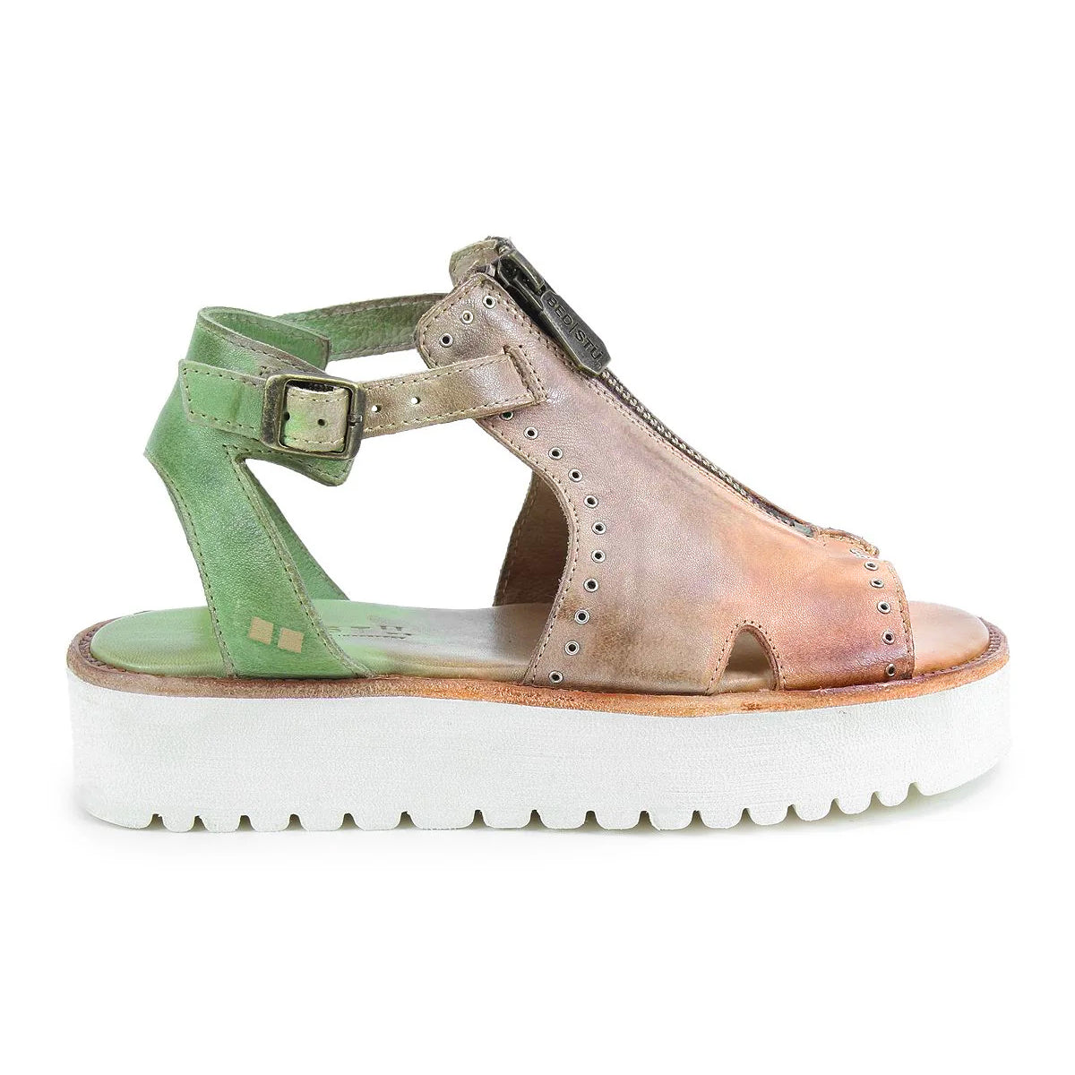 The Clancy sandal by Bed Stu features an XL EXTRALIGHT platform sole, a vibrant mix of green and brown tones, adjustable ankle straps, metal grommets, a front zipper, and a cushioned insole for comfort.