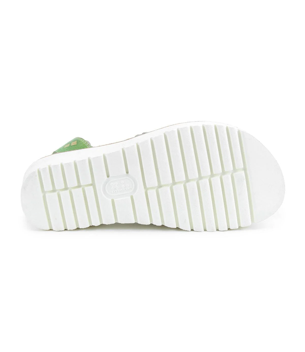The image displays the Clancy shoe by Bed Stu, featuring a white sole with horizontal and vertical grooves. The green upper is highlighted with metal grommets. It boasts an XL EXTRALIGHT platform sole for added comfort.