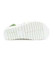 The image displays the Clancy shoe by Bed Stu, featuring a white sole with horizontal and vertical grooves. The green upper is highlighted with metal grommets. It boasts an XL EXTRALIGHT platform sole for added comfort.