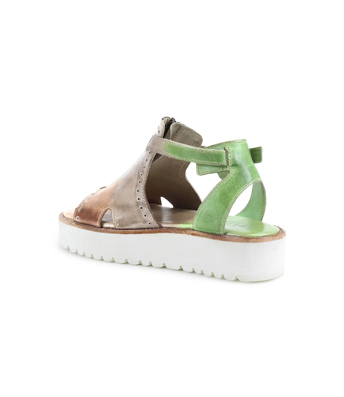 The Bed Stu Clancy sandal features a chunky white XL EXTRALIGHT platform sole and tan and green leather upper, adorned with metal grommet details, shown from the back.