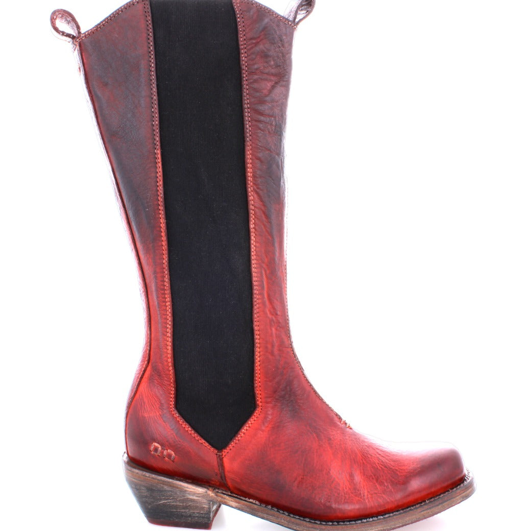 A women's Clarisse red leather boot with a black sole by Bed Stu.