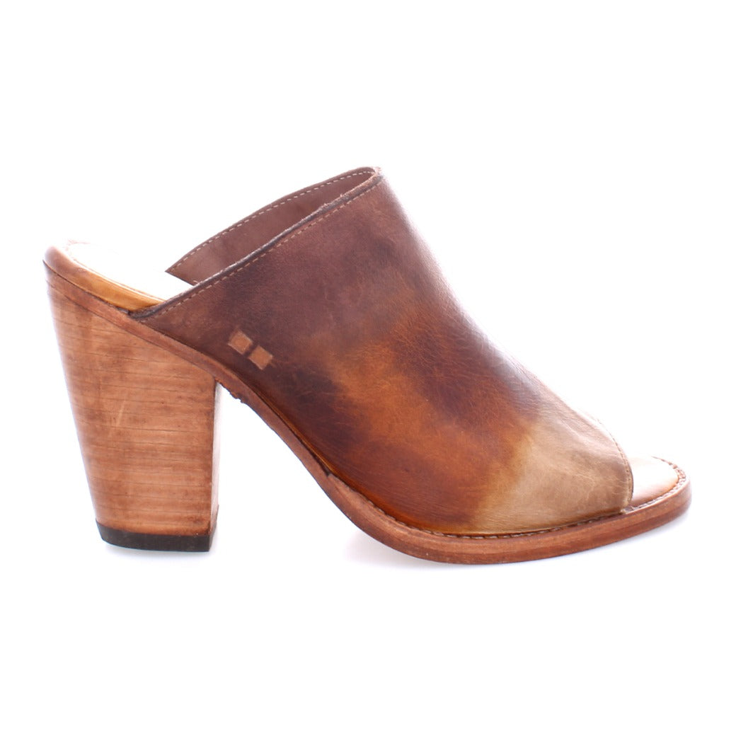 A women's brown Clavel mule with a wooden heel from the Bed Stu brand.