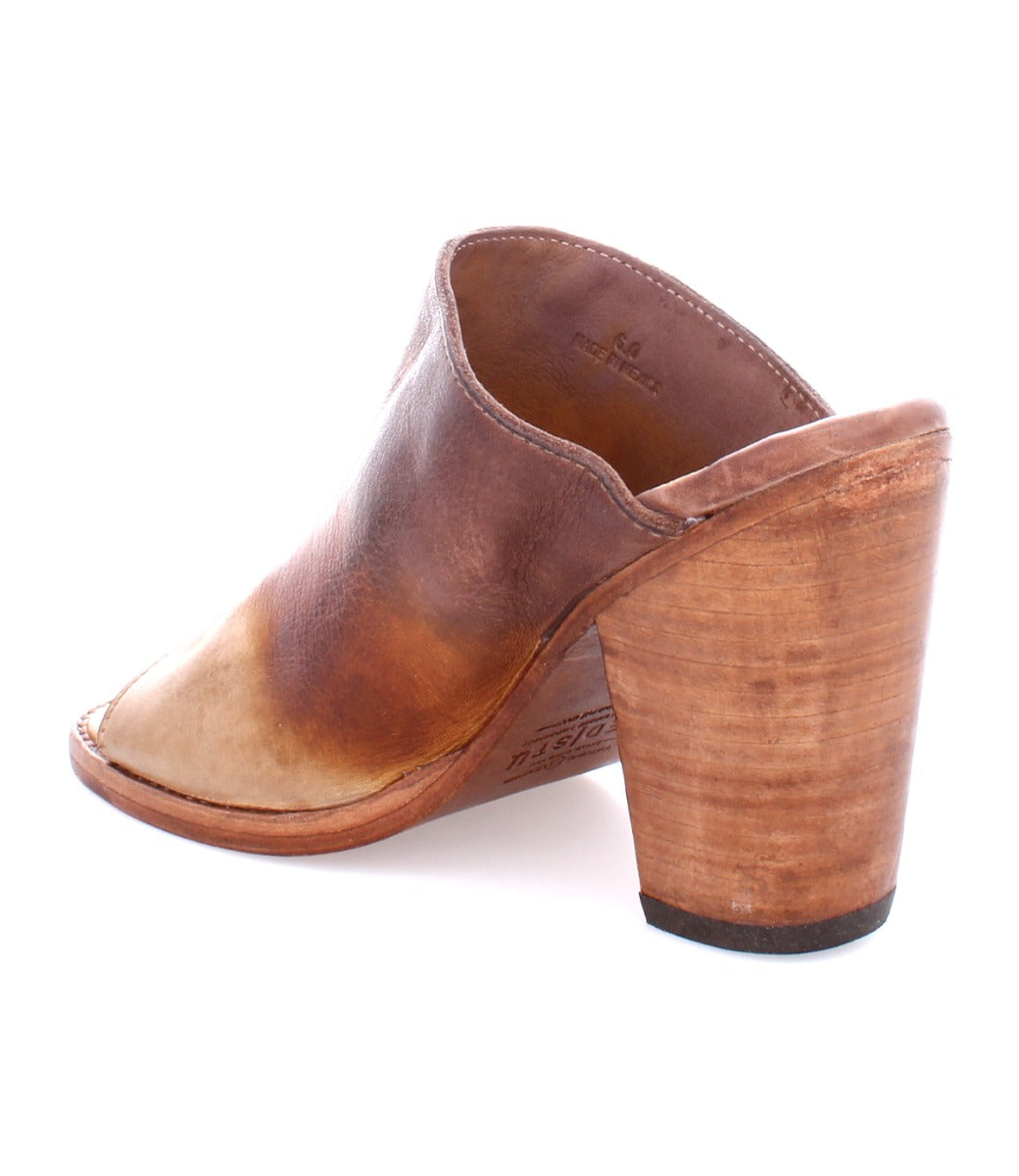 A brown leather Clavel mule with a wooden heel by Bed Stu.