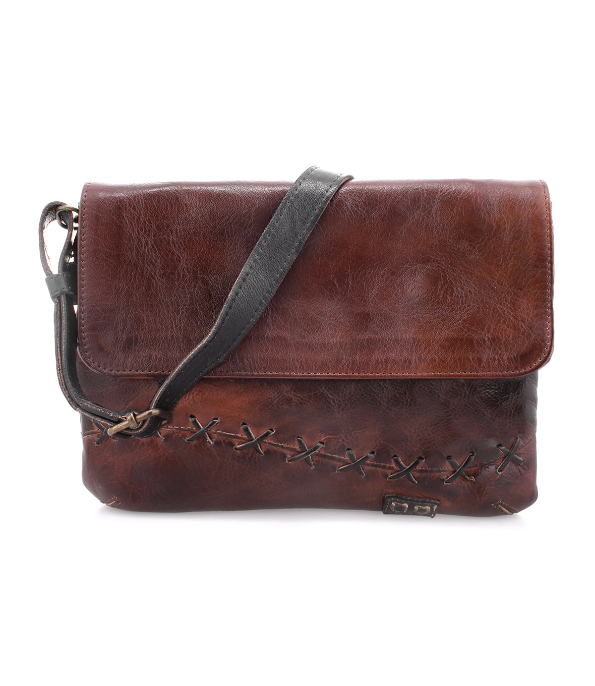 An everyday Cleo by Bed Stu brown leather crossbody bag with a zipper top closure.